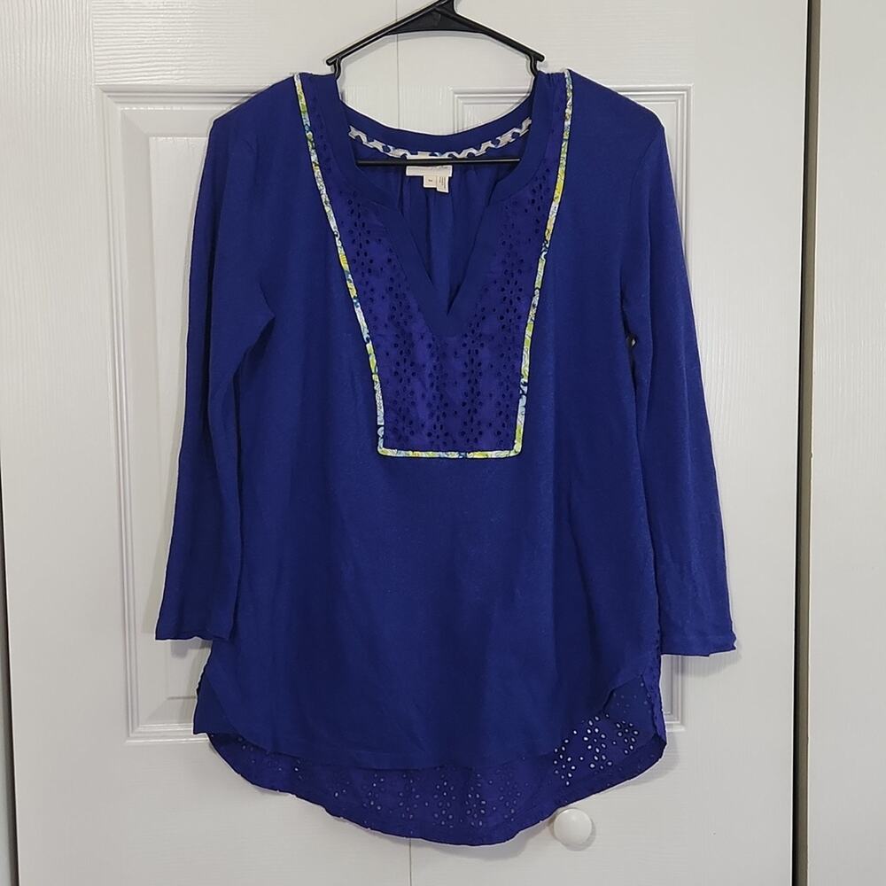 Anthropologie Meadow Rue Blue Purple Burnout 3/4 Sleeves Linen‎ Blouse Size XS